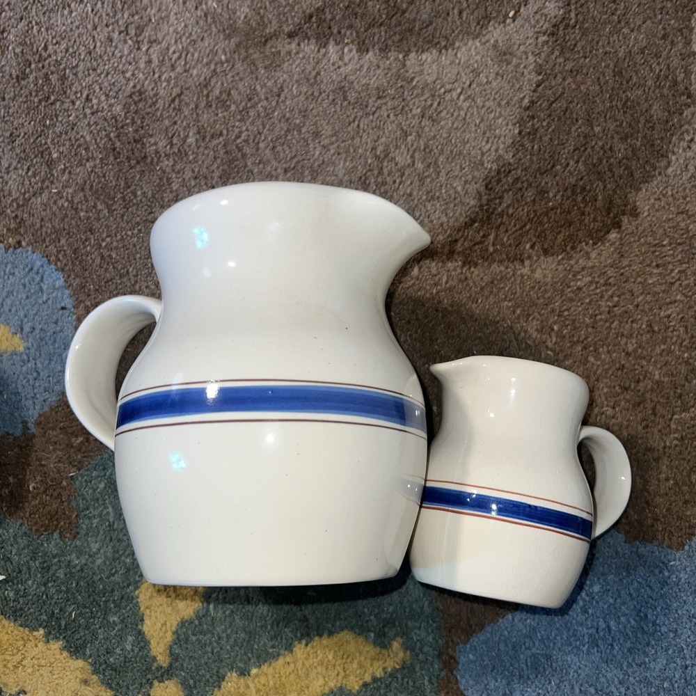 Lillian Vernon Corp Tan Blue‎ & Brown Stripe Porcelain Pitcher SET OF 2